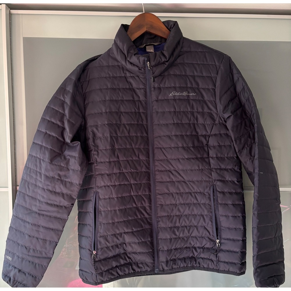 Eddie Bauer EB650 Down Puffer Jacket Womens Medium Navy Blue Quilted Full Zip